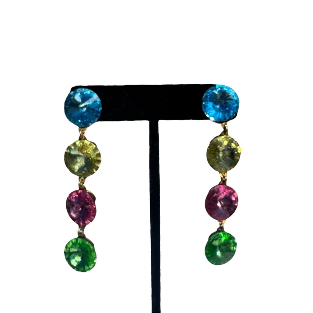 STUNNING Vintage Wendy Gill Colorful Crystal Rhinestone Dangle Earrings - Picture 2 of 4